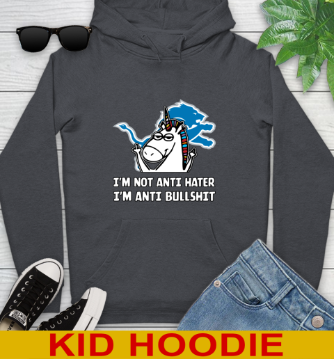 Detroit Lions NFL Football Unicorn I'm Not Anti Hater I'm Anti Bullshit Youth Hoodie 9