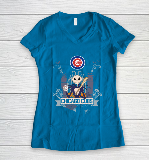 MLB Chicago Cubs Baseball Jack Skellington Halloween Women's V-Neck T-Shirt 5