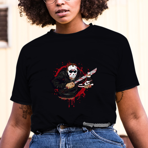 Air Jordan 1 Bloodline Matching Sneaker Tshirt Jason Voorhees Black and White Jordan Tshirt