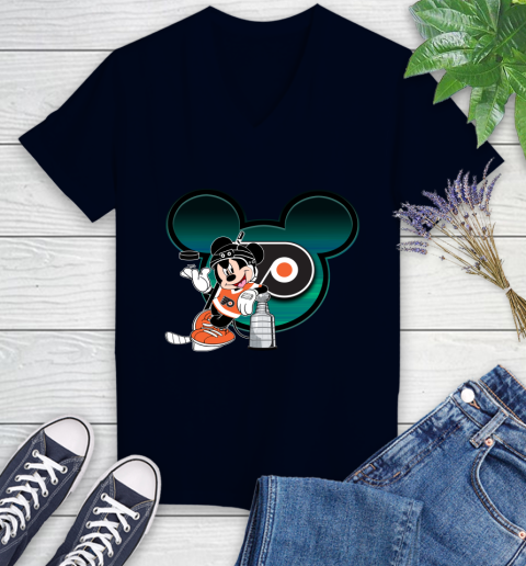 NHL Philadelphia Flyers Stanley Cup Mickey Mouse Disney Hockey T Shirt Women's V-Neck T-Shirt 3