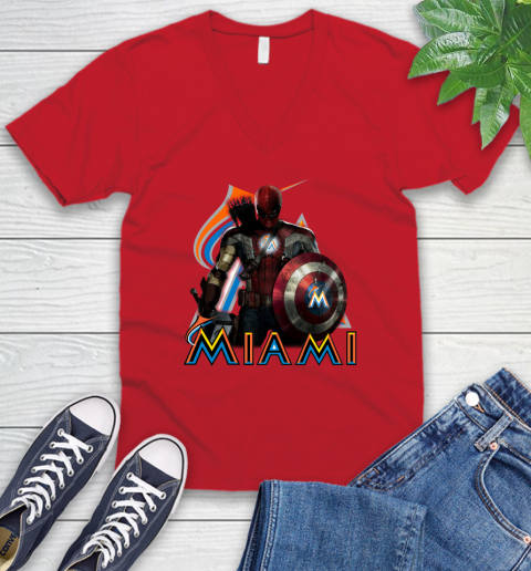 MLB Captain America Thor Spider Man Hawkeye Avengers Endgame Baseball Miami Marlins V-Neck T-Shirt 7