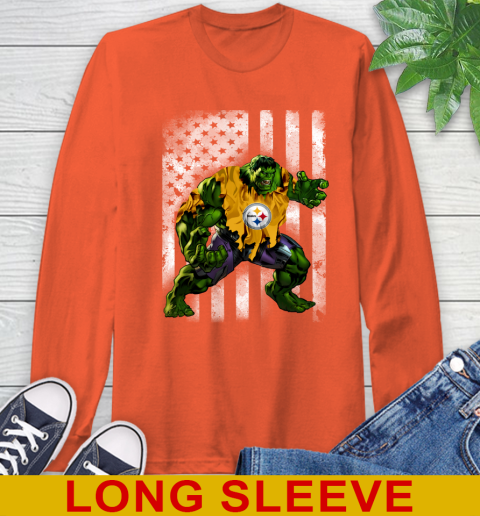 Pittsburgh Steelers Hulk Marvel Avengers NFL Football American Flag Long Sleeve T-Shirt 4