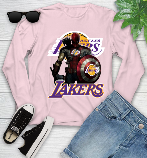 Los Angeles Lakers NBA Basketball Captain America Thor Spider Man Hawkeye Avengers Youth Long Sleeve 10
