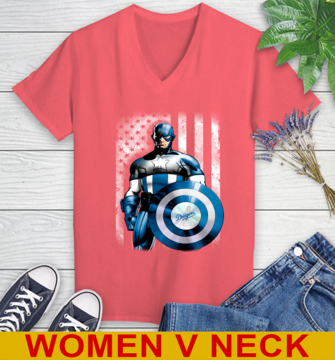Los Angeles Dodgers MLB Baseball Captain America Marvel Avengers American Flag Shirt Women's V-Neck T-Shirt 6