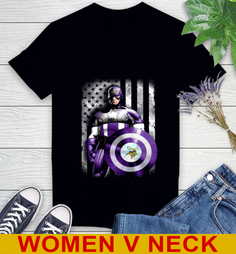 Minnesota Vikings NFL Football Captain America Marvel Avengers American Flag Shirt Women's V-Neck T-Shirt