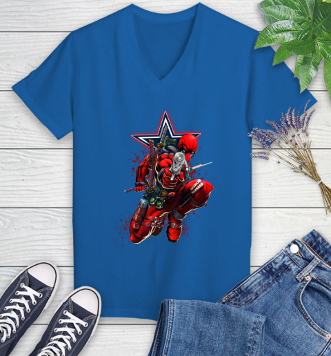 NFL Deadpool Marvel Comics Sports Football Dallas Cowboys Women's V-Neck T-Shirt 10