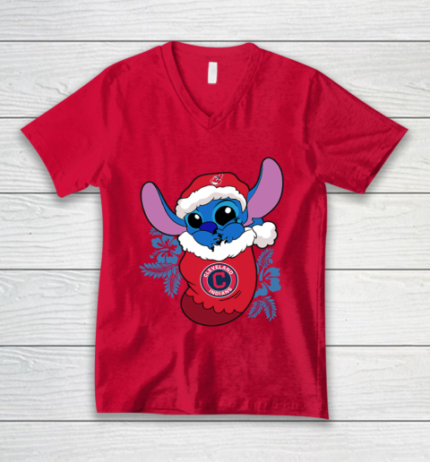 Cleveland Indians Christmas Stitch In The Sock Funny Disney MLB V-Neck T-Shirt 7