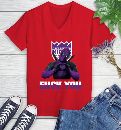 NBA Sacramento Kings Deadpool Love You Fuck You Basketball Sports Women's V-Neck T-Shirt 11
