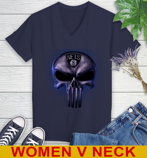 Brooklyn Nets NBA Basketball Punisher Skull Sports Women's V-Neck T-Shirt 12
