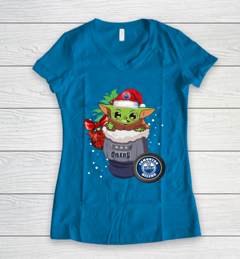 Edmonton Oilers Christmas Baby Yoda Star Wars Funny Happy NHL Women's V-Neck T-Shirt 7