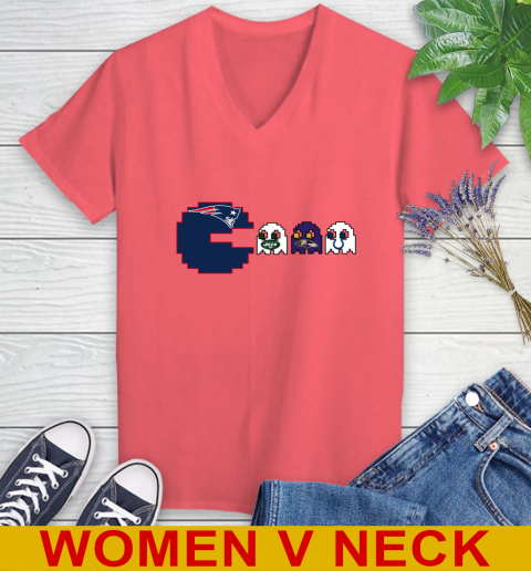 New England Patriots NFL Football Pac Man Champion Women's V-Neck T-Shirt 7