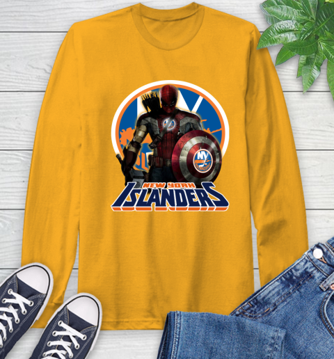 NHL Captain America Thor Spider Man Hawkeye Avengers Endgame Hockey New York Islanders Long Sleeve T-Shirt 3