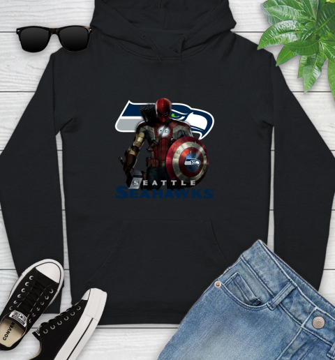 NFL Captain America Thor Spider Man Hawkeye Avengers Endgame Football Seattle Seahawks Youth Hoodie 2