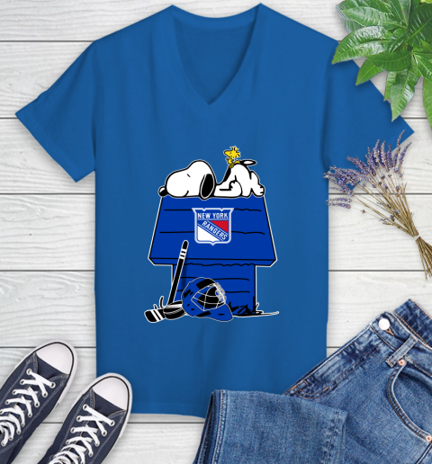 New York Rangers NHL Hockey Snoopy Woodstock The Peanuts Movie Women's V-Neck T-Shirt 10