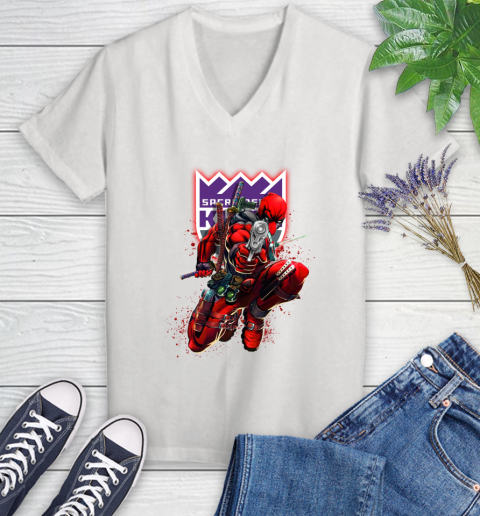 NBA Deadpool Marvel Comics Sports Basketball Sacramento Kings Women's V-Neck T-Shirt