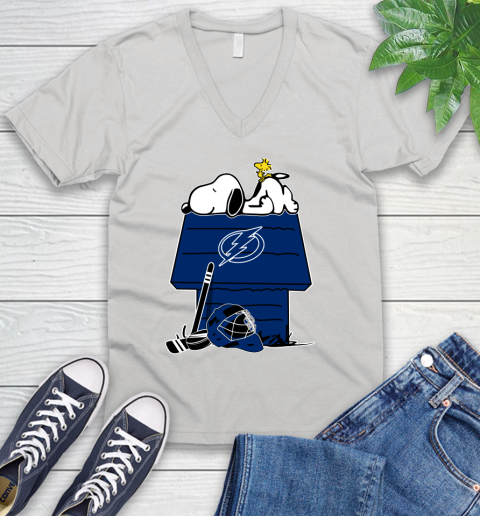 Tampa Bay Lightning NHL Hockey Snoopy Woodstock The Peanuts Movie V-Neck T-Shirt