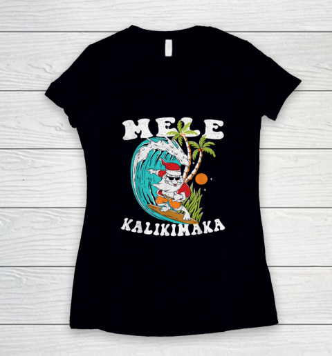 Mele Kalikimaka Hawaii Christmas Surfing Santa Women's V-Neck T-Shirt