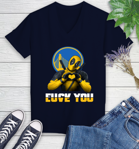 NBA Golden State Warriors Deadpool Love You Fuck You Basketball Sports Women's V-Neck T-Shirt 2