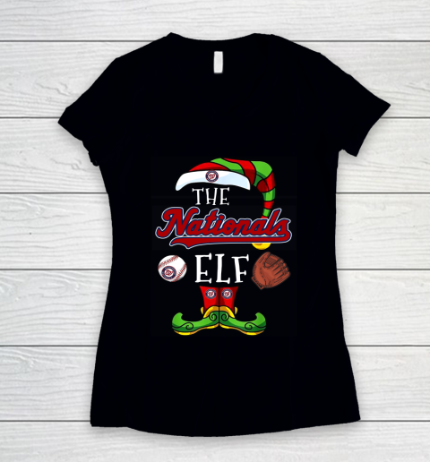 Washington Nationals Christmas ELF Funny MLB Women's V-Neck T-Shirt
