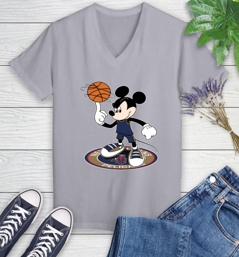 NBA Basketball New Orleans Pelicans Cheerful Mickey Disney Shirt Women's V-Neck T-Shirt 4