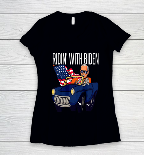 Funny Riding With Joe Biden 4th Of July USA Flag Car 2020 Women's V-Neck T-Shirt