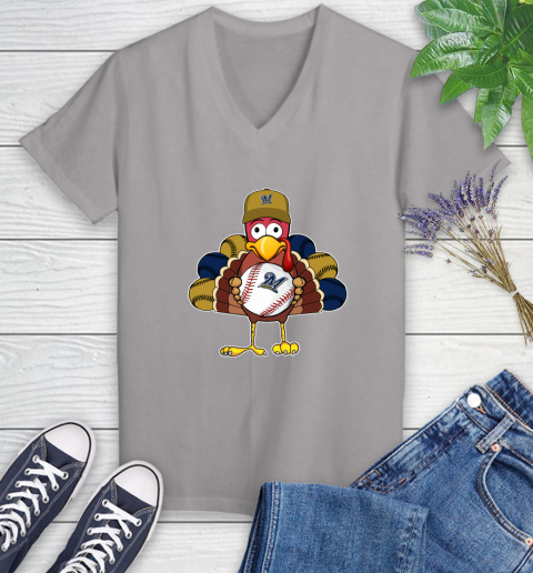Milwaukee Brewers Turkey thanksgiving Women's V-Neck T-Shirt 4