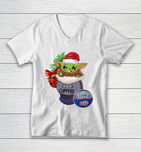 LA Clippers Christmas Baby Yoda Star Wars Funny Happy NBA V-Neck T-Shirt 2