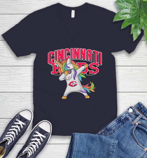Cincinnati Reds MLB Baseball Funny Unicorn Dabbing Sports V-Neck T-Shirt 4 Cincinnati Reds MLB Baseball Funny Unicorn Dabbing Sports V-Neck T-Shirt - Image 4