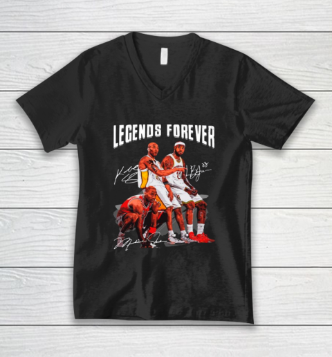Kobe Bryant Lebron James And Michael Jordan Legends Forever Signatures V-Neck T-Shirt