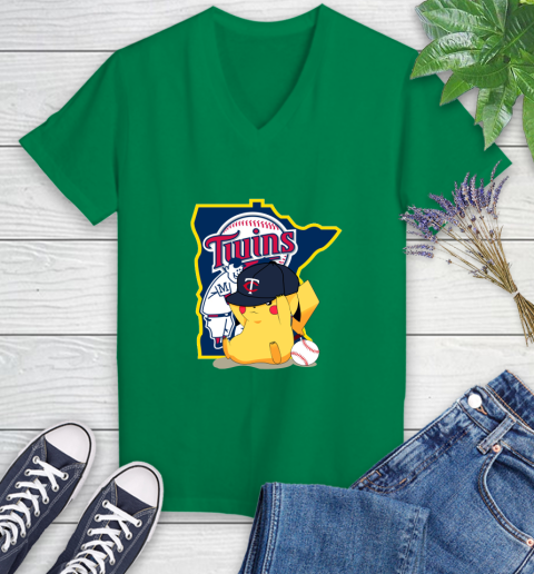 MLB Pikachu Baseball Sports Minnesota Twins Women's V-Neck T-Shirt 5