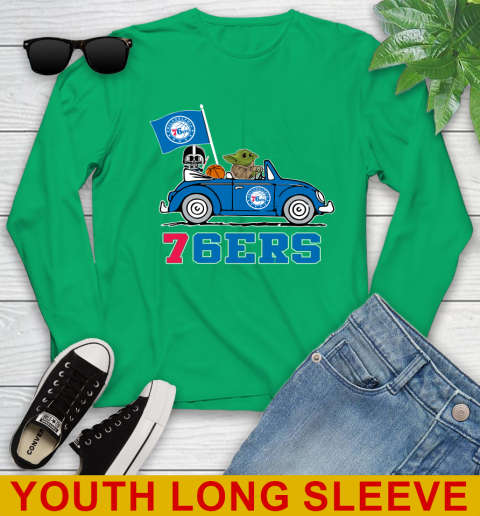 NBA Basketball Philadelphia 76ers Darth Vader Baby Yoda Driving Star Wars Shirt Youth Long Sleeve 7