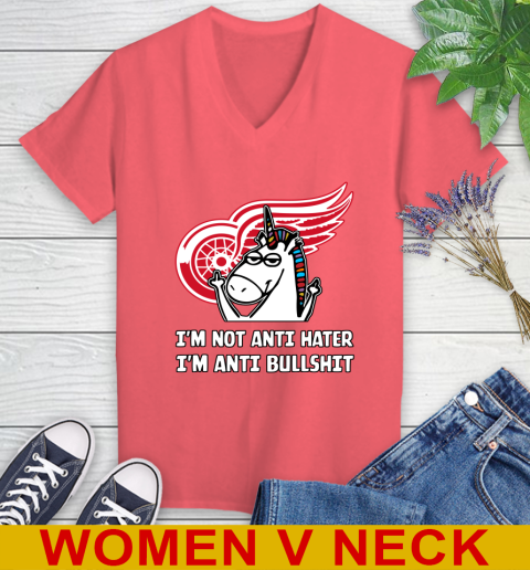 Detroit Red Wings NHL Hockey Unicorn I'm Not Anti Hater I'm Anti Bullshit Women's V-Neck T-Shirt 7