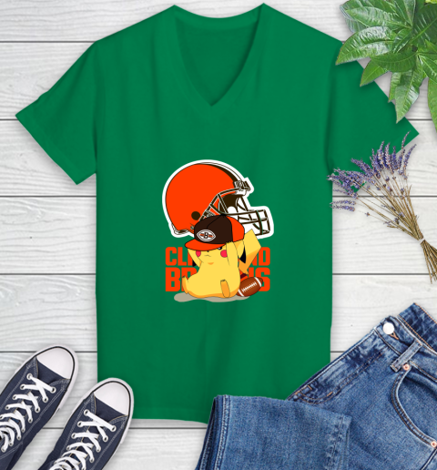 NFL Pikachu Football Sports Cleveland Browns Women's V-Neck T-Shirt 5