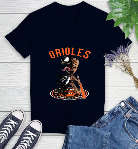 MLB Baltimore Orioles Baseball Venom Groot Guardians Of The Galaxy Women's V-Neck T-Shirt 3