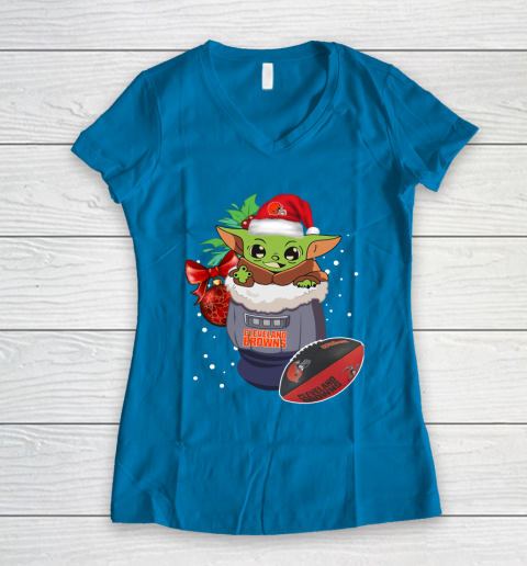 Cleveland Browns Christmas Baby Yoda Star Wars Funny Happy NFL Women's V-Neck T-Shirt 7