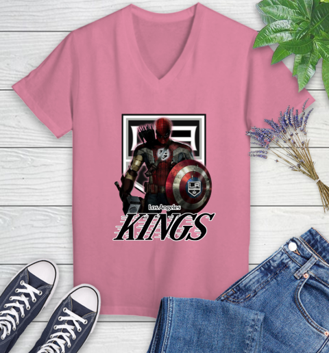 NHL Captain America Thor Spider Man Hawkeye Avengers Endgame Hockey Los Angeles Kings Women's V-Neck T-Shirt 13