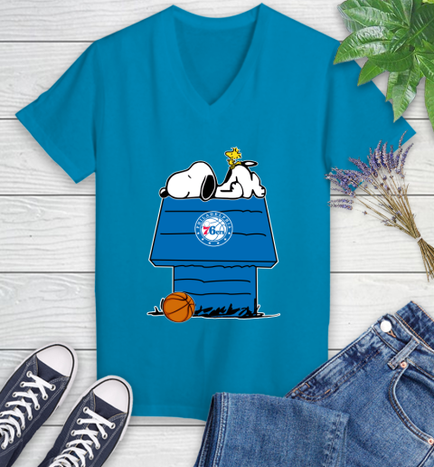 Philadelphia 76ers NBA Basketball Snoopy Woodstock The Peanuts Movie Women's V-Neck T-Shirt 7