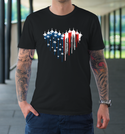 Retro Fighter Jet Airplane American Flag Heart 4th Of July T-Shirt