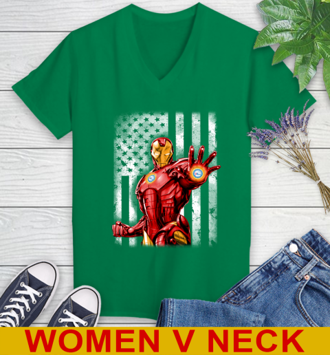 Philadelphia 76ers NBA Basketball Iron Man Avengers American Flag Shirt Women's V-Neck T-Shirt 5