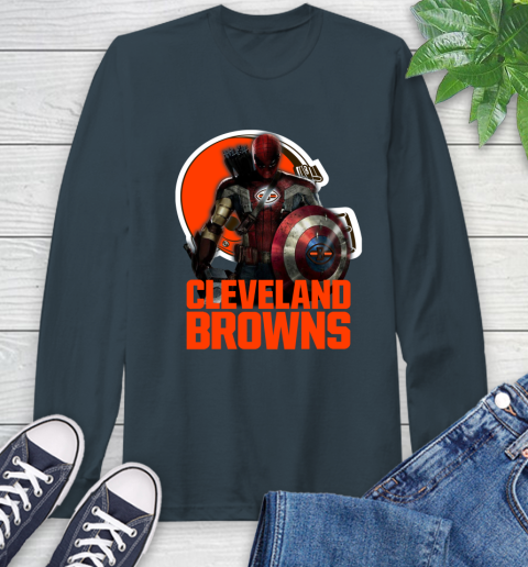 NFL Captain America Thor Spider Man Hawkeye Avengers Endgame Football Cleveland Browns Long Sleeve T-Shirt 8
