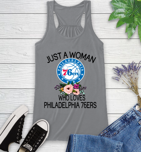 NBA Just A Woman Who Loves Philadelphia 76ers Basketball Sports Racerback Tank 3