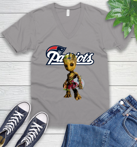 New England Patriots NFL Football Groot Marvel Guardians Of The Galaxy V-Neck T-Shirt 4