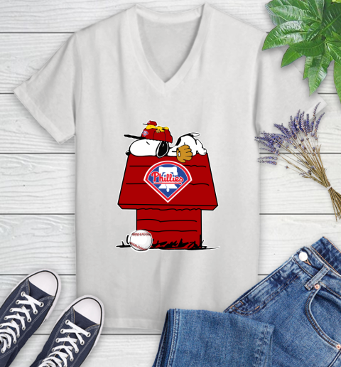 MLB Philadelphia Phillies Snoopy Woodstock The Peanuts Movie Baseball T Shirt_000 Women's V-Neck T-Shirt
