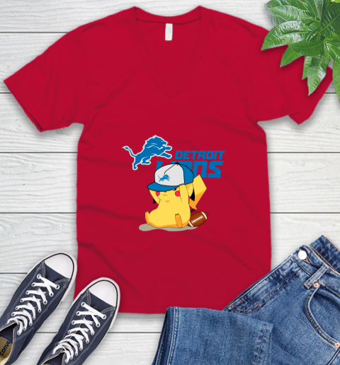 NFL Pikachu Football Sports Detroit Lions V-Neck T-Shirt 7