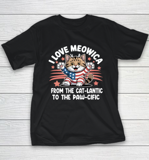 Patriotic Cat I Love Meowica USA Flag 4th of July Funny Cat Lover Youth T-Shirt