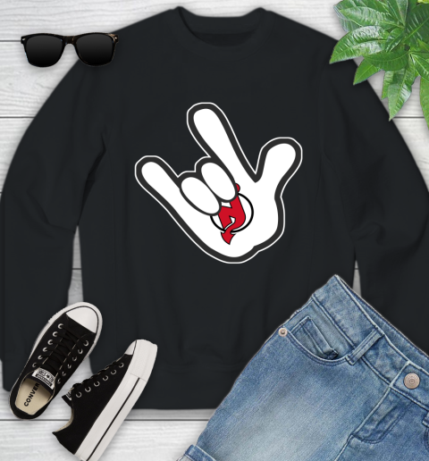 New Jersey Devils NHL Hockey Mickey Rock Hand Disney Youth Sweatshirt 2