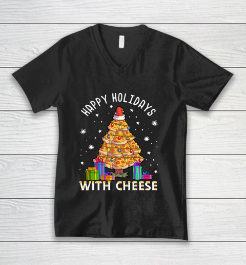 Happy Holidays With Cheese Shirt Pizza Christmas Tree V-Neck T-Shirt