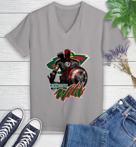 NHL Captain America Thor Spider Man Hawkeye Avengers Endgame Hockey Minnesota Wild Women's V-Neck T-Shirt 4