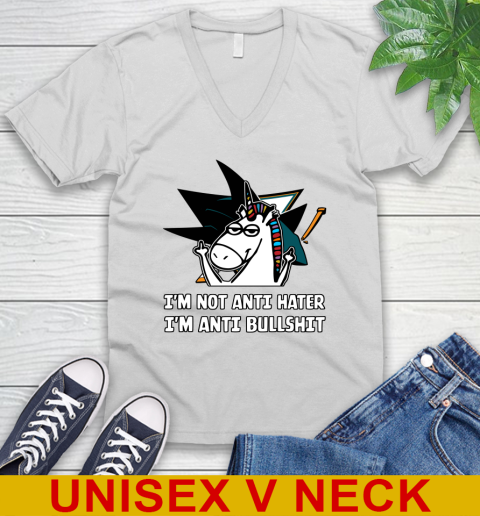 San Jose Sharks NHL Hockey Unicorn I'm Not Anti Hater I'm Anti Bullshit V-Neck T-Shirt