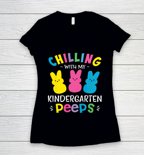Kinder Teacher Chilling With My Peeps Cute Colorful Bunny Women's V-Neck T-Shirt